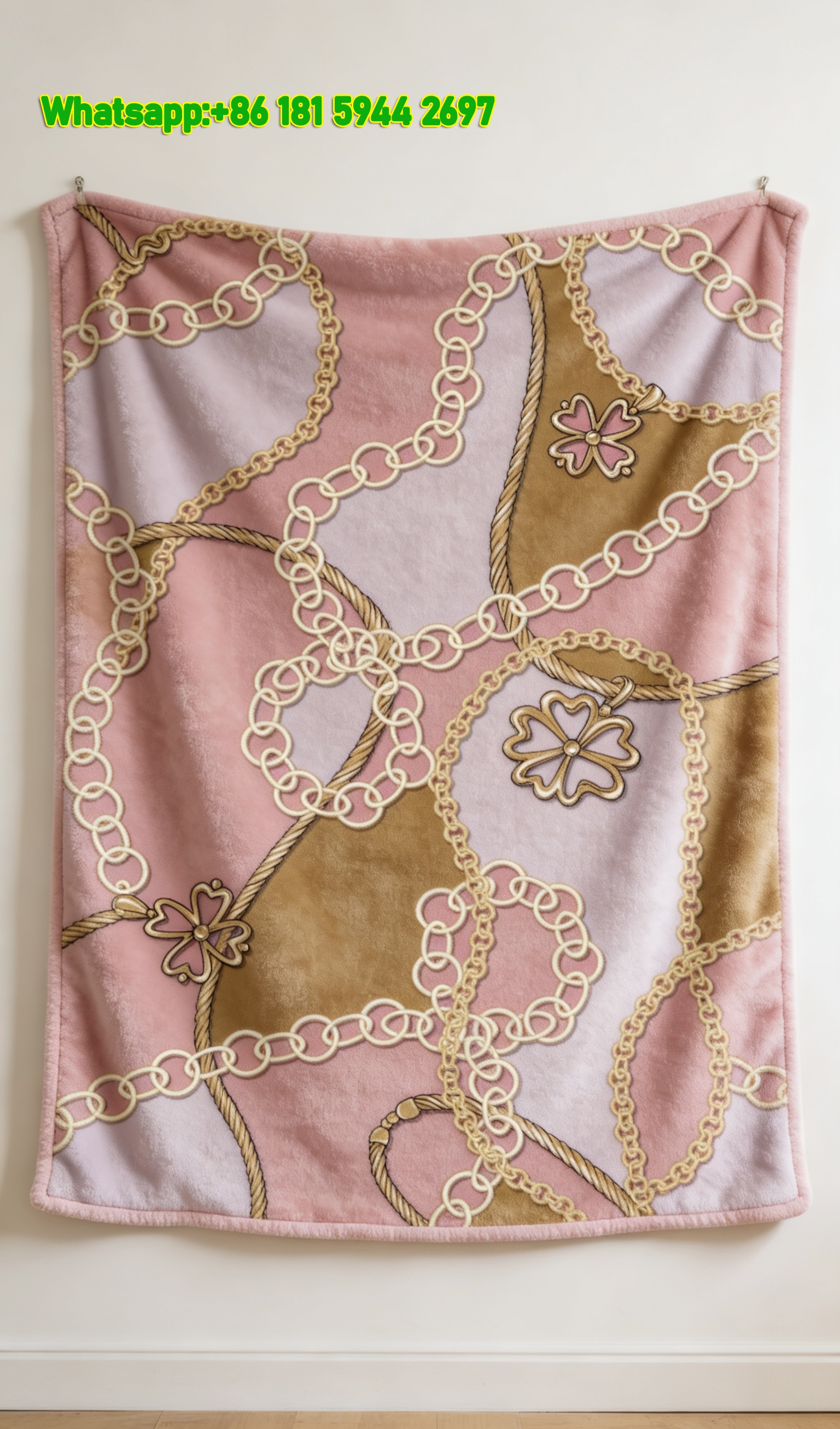 Hermès Pink & Gold Chain Clover Flannel Throw Blanket IMG_5255